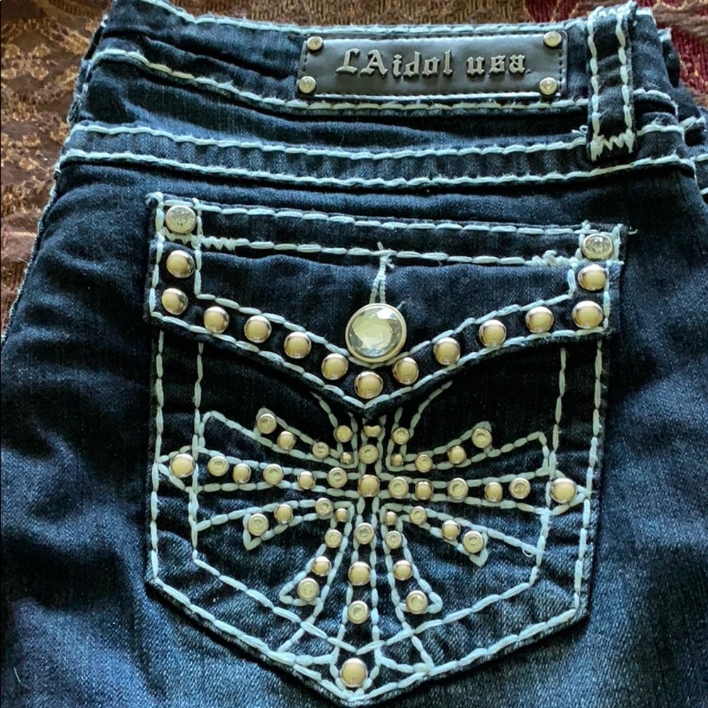 LA IDOL Bling dark denim boot cut jeans size 15
